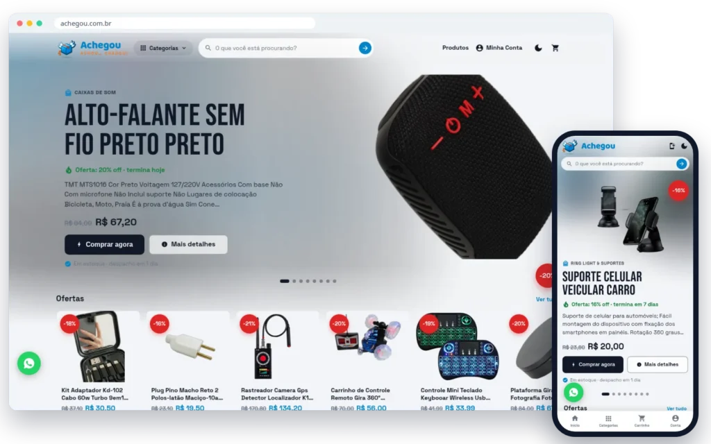 Loja achegou.com.br no computador e no celular