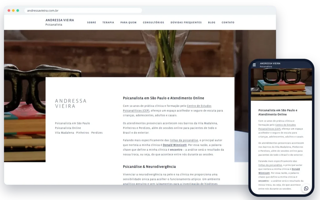 Site andressavieira.com.br no computador e no celular