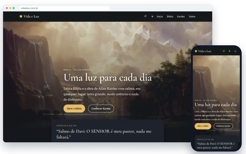 Site vidaeluz.com.br no computador e no celular